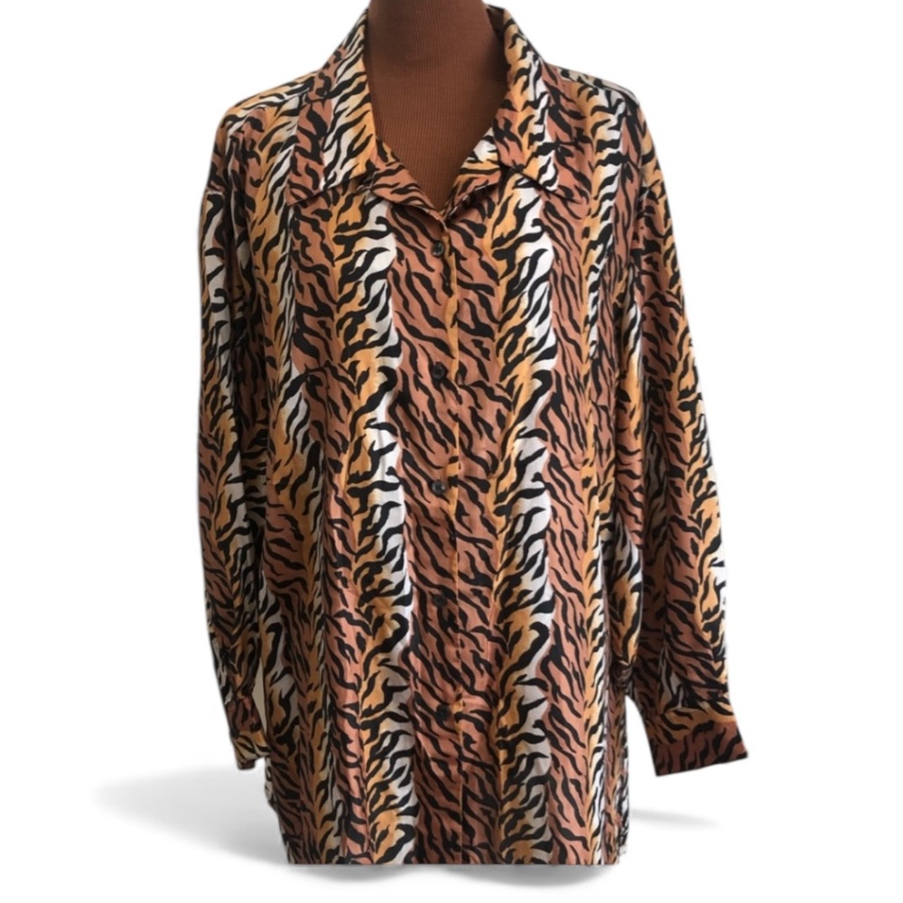 HOT DEAL! Selene of Paris 100% Silk Long Sleeve Blouse Top Tiger Stripe Plus Sz